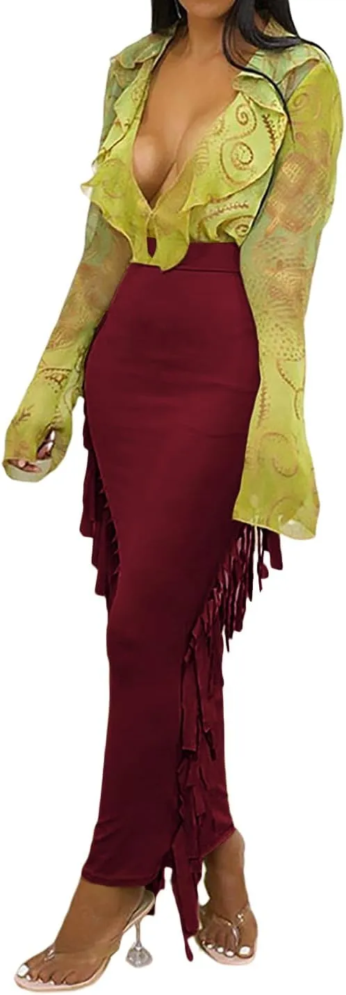 LYANER Women's Fringed Side Tassels Elastic Waist Slim Bodycon Pencil Maxi Skirts