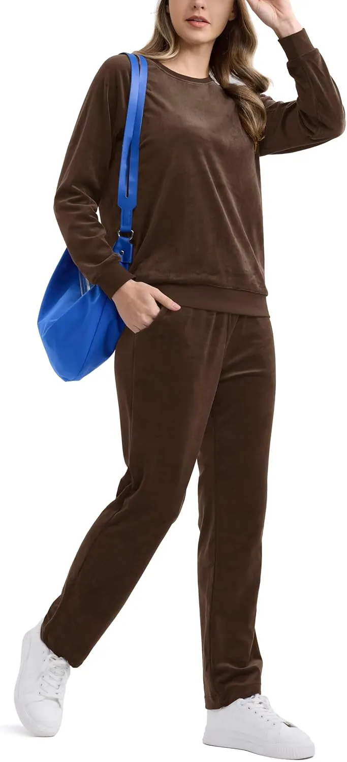 MAGCOMSEN Women's Velour Tracksuit 2 Piece Outfits Long Sleeve Sweatsuits Crewneck Pullover and Jogger Pants Lounge Sets