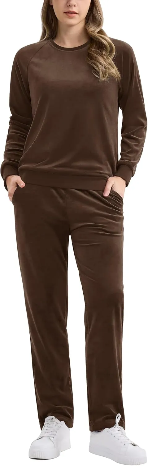 MAGCOMSEN Women's Velour Tracksuit 2 Piece Outfits Long Sleeve Sweatsuits Crewneck Pullover and Jogger Pants Lounge Sets