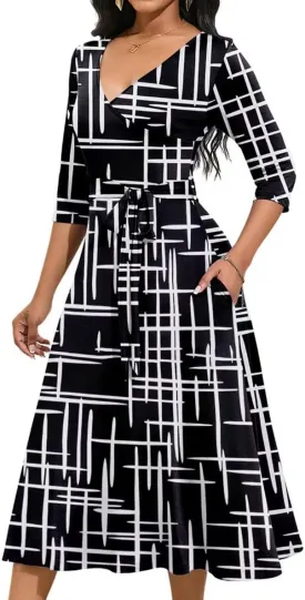 Magritta Midi Dresses for Women Casual 3/4 Sleeve Wrap Dress Plus Size Curvy Cocktail Dresses with Pockets
