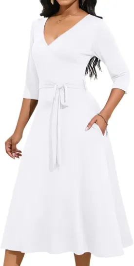 Magritta Midi Dresses for Women Casual 3/4 Sleeve Wrap Dress Plus Size Curvy Cocktail Dresses with Pockets