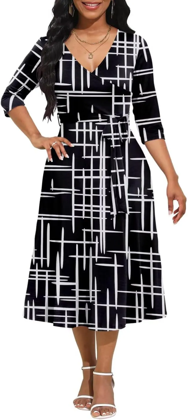 Magritta Midi Dresses for Women Casual 3/4 Sleeve Wrap Dress Plus Size Curvy Cocktail Dresses with Pockets