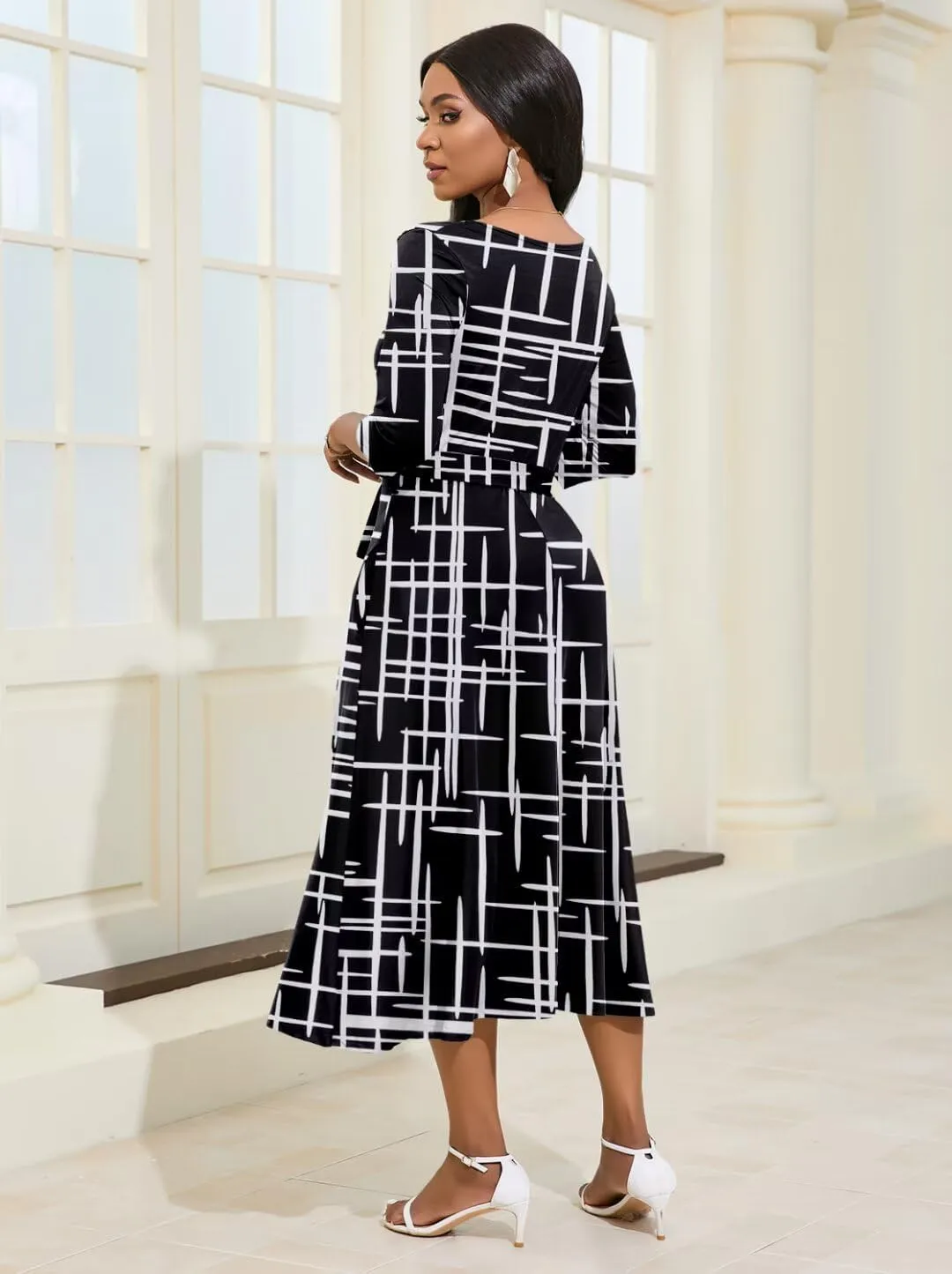 Magritta Midi Dresses for Women Casual 3/4 Sleeve Wrap Dress Plus Size Curvy Cocktail Dresses with Pockets