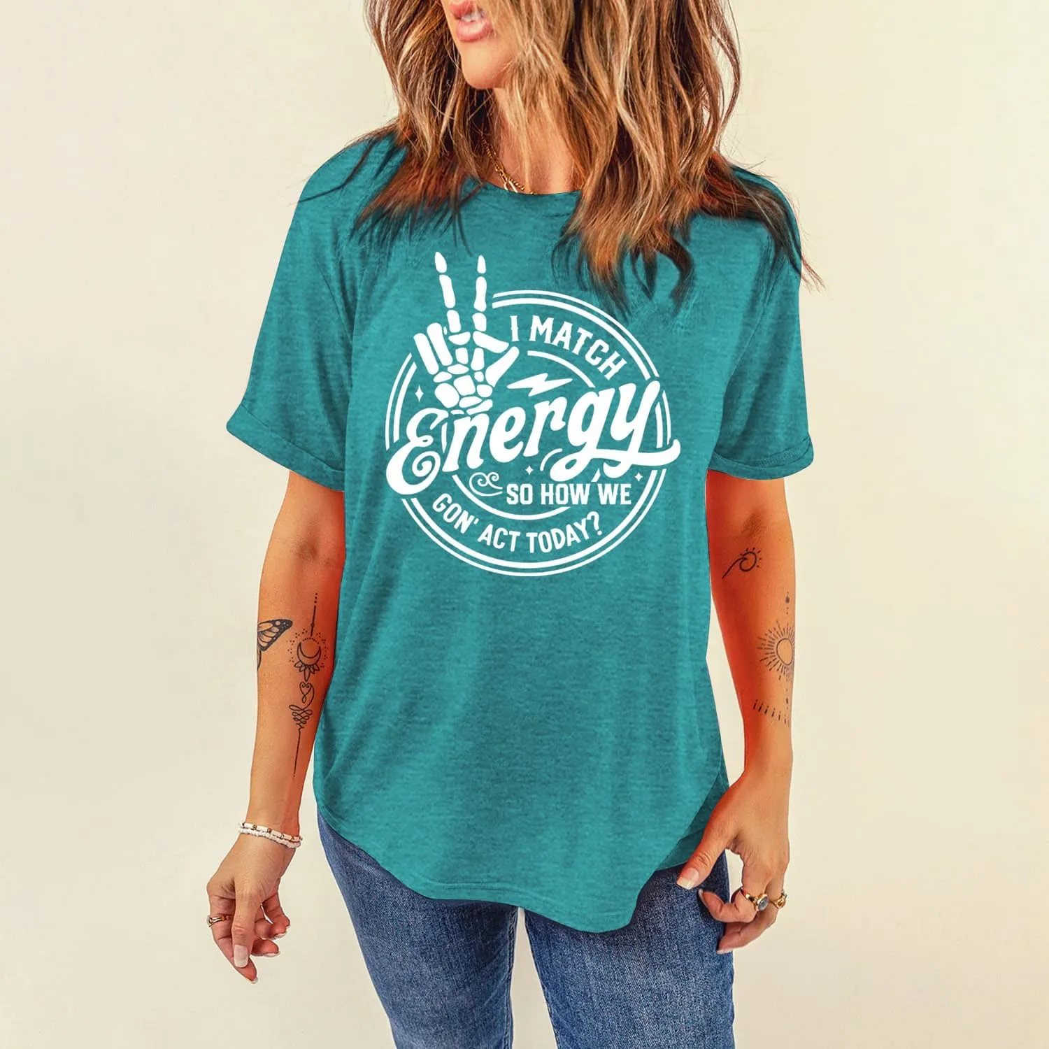 MAIHUN Women I Match Energy Shirt Funny Skeleton Hand Tshirt Inspirational Power Tee Tops