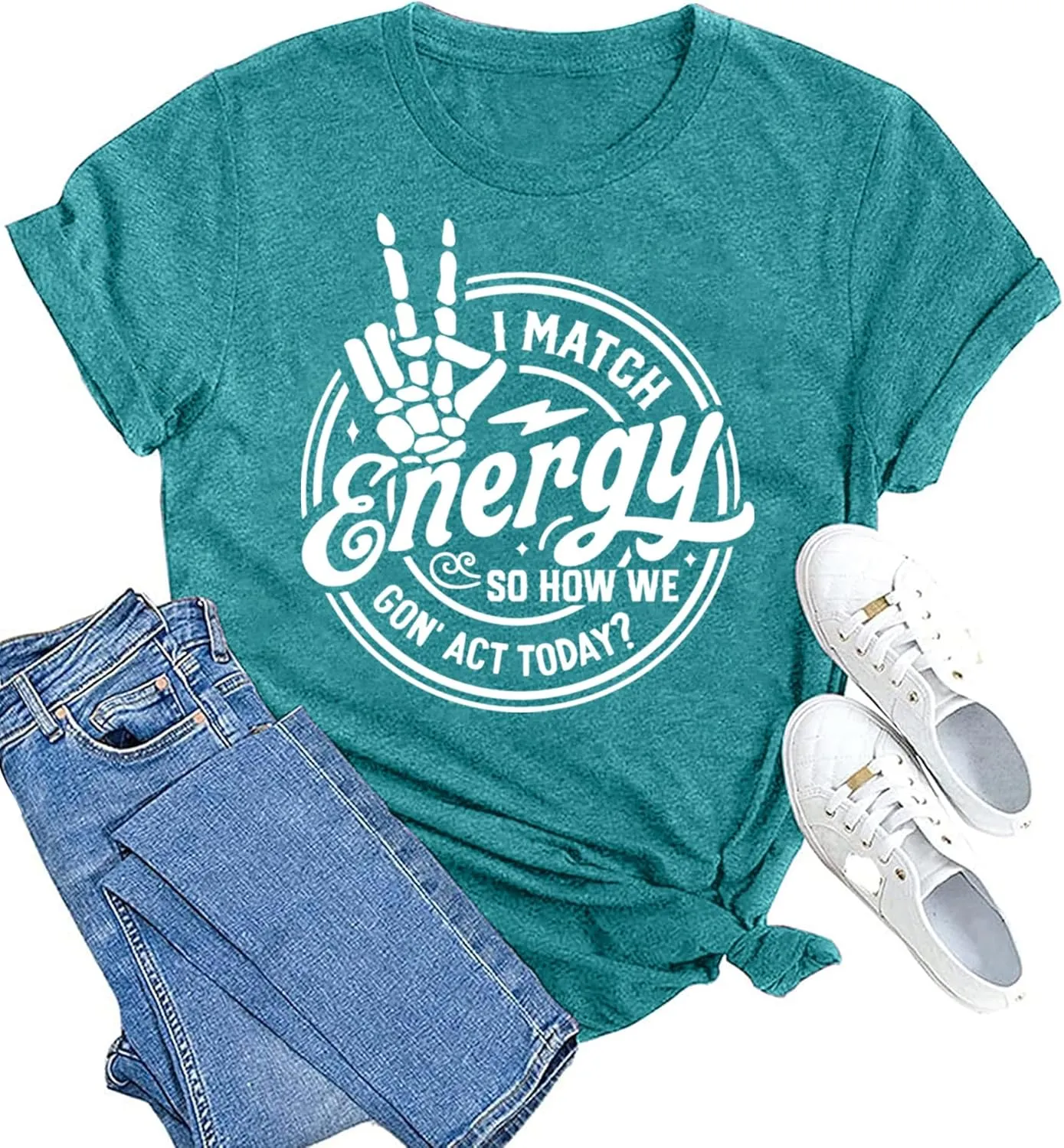 MAIHUN Women I Match Energy Shirt Funny Skeleton Hand Tshirt Inspirational Power Tee Tops