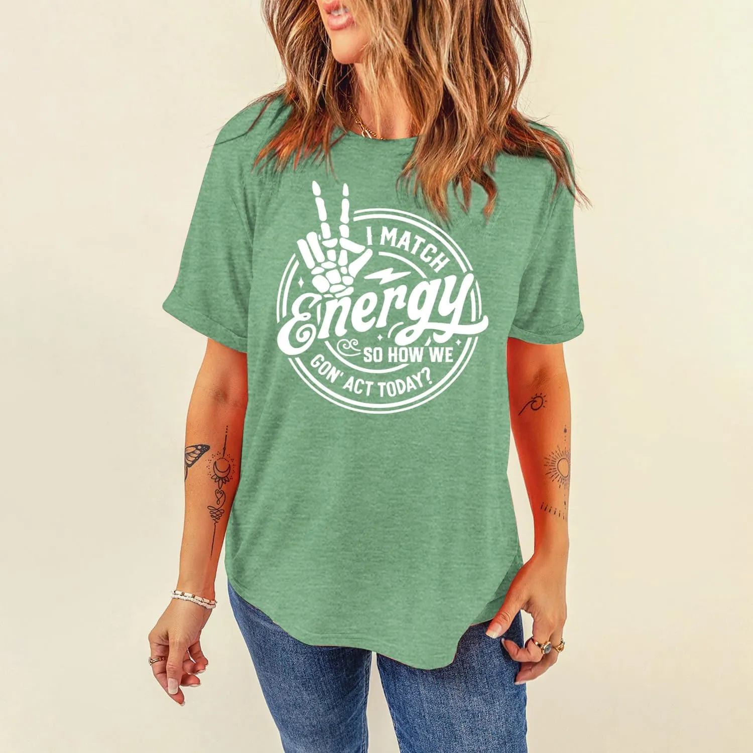 MAIHUN Women I Match Energy Shirt Funny Skeleton Hand Tshirt Inspirational Power Tee Tops