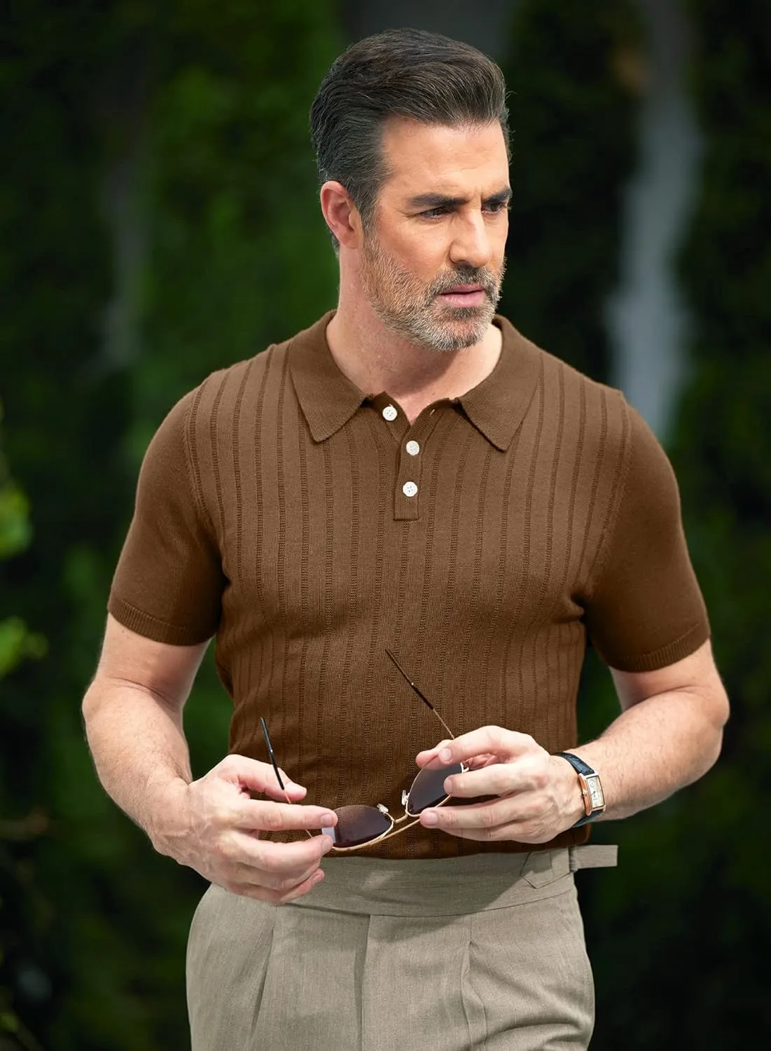 Mainfini Mens Knit Button Polo Shirts Vintage 70s Golf Shirt Casual Beach Vacation Outfit