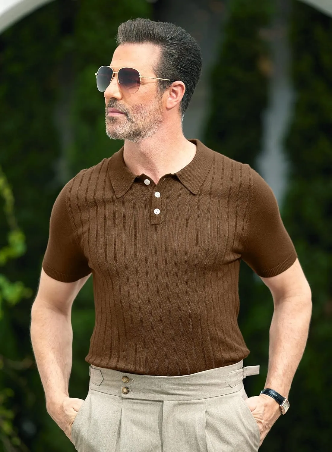 Mainfini Mens Knit Button Polo Shirts Vintage 70s Golf Shirt Casual Beach Vacation Outfit