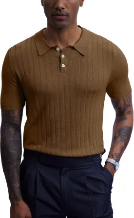 Mainfini Mens Knit Button Polo Shirts Vintage 70s Golf Shirt Casual Beach Vacation Outfit