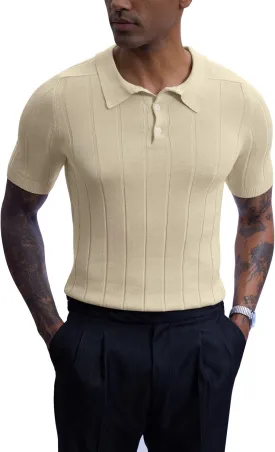 Mainfini Mens Knit Button Polo Shirts Vintage 70s Golf Shirt Casual Beach Vacation Outfit