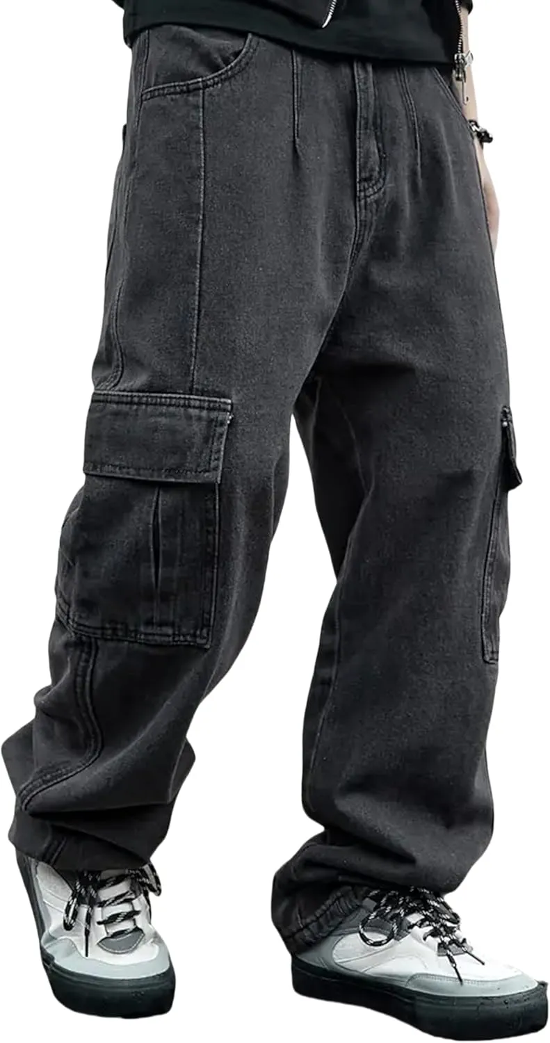 Mens Baggy Jeans for Men Women Y2k Skater Vintage Plain Pants Multiple Pockets Casual Wide Leg Loose Fit Cargo Denim Jeans