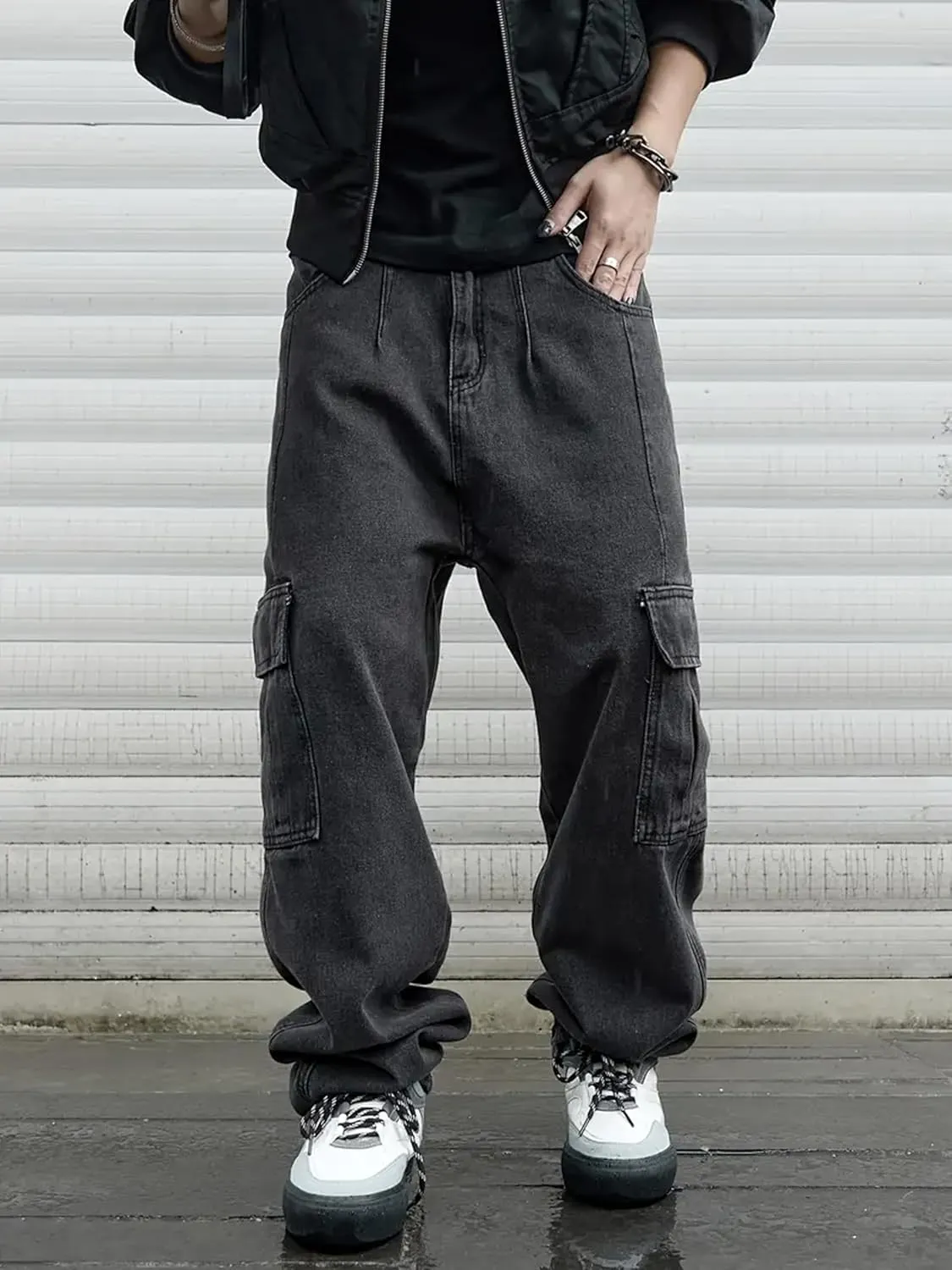 Mens Baggy Jeans for Men Women Y2k Skater Vintage Plain Pants Multiple Pockets Casual Wide Leg Loose Fit Cargo Denim Jeans