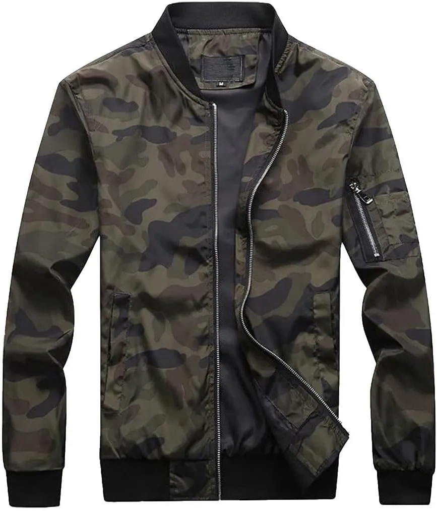 Mens Outwear Bomber Jacket Lightweight Military Casual Windbreak Camouflag Coat