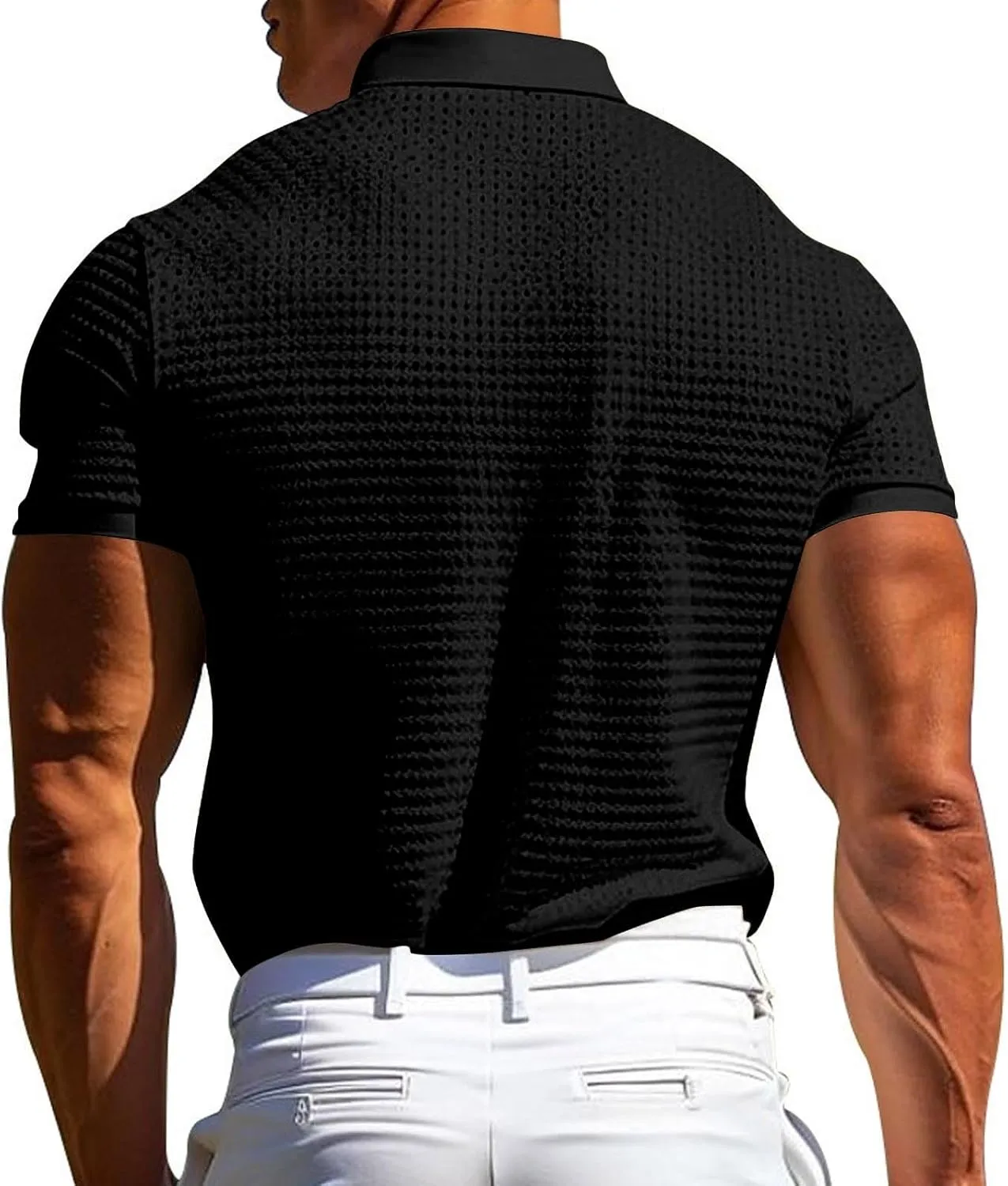 Men's Waffle Knit Polo Shirts Summer Short Sleeve Texture Lightweight Golf Shirts Sweater Muscle T-Shirt Tops