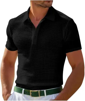 Men's Waffle Knit Polo Shirts Summer Short Sleeve Texture Lightweight Golf Shirts Sweater Muscle T-Shirt Tops