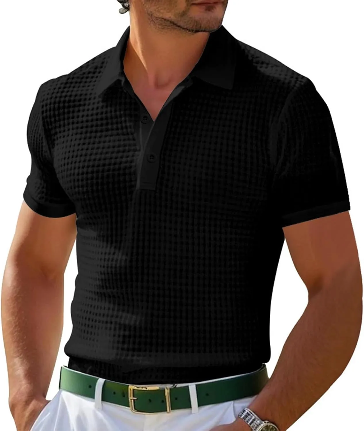 Men's Waffle Knit Polo Shirts Summer Short Sleeve Texture Lightweight Golf Shirts Sweater Muscle T-Shirt Tops
