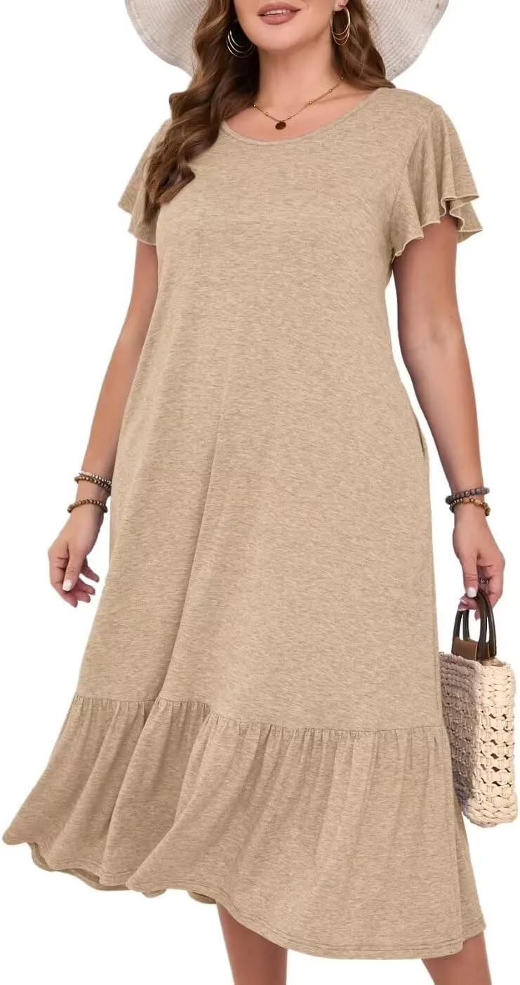 MONNURO Women Summer Causal Ruffle Short Sleeve T Shirt Maxi Beach Long Dress with Pockets