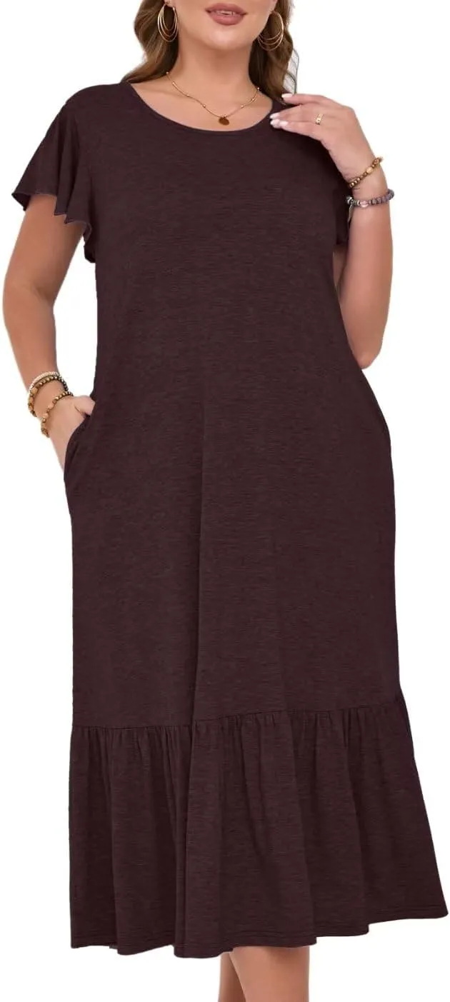 MONNURO Women Summer Causal Ruffle Short Sleeve T Shirt Maxi Beach Long Dress with Pockets
