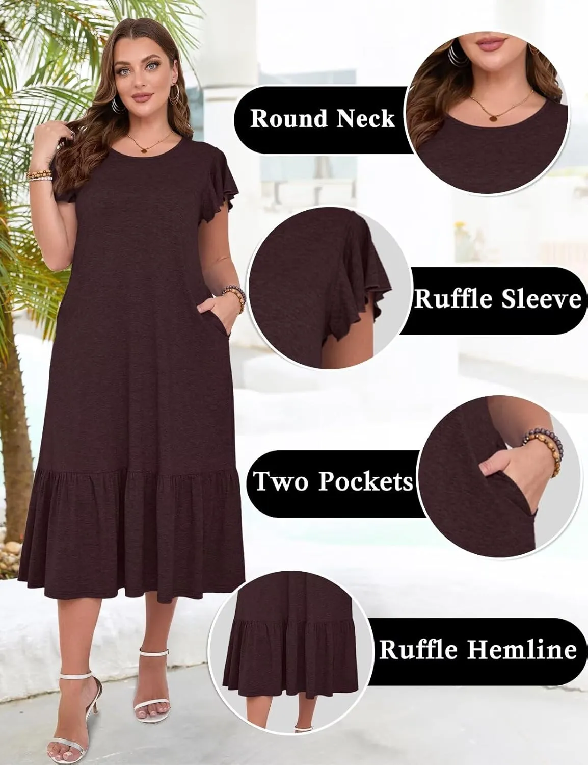 MONNURO Women Summer Causal Ruffle Short Sleeve T Shirt Maxi Beach Long Dress with Pockets