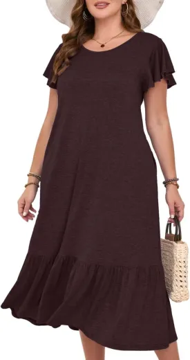 MONNURO Women Summer Causal Ruffle Short Sleeve T Shirt Maxi Beach Long Dress with Pockets
