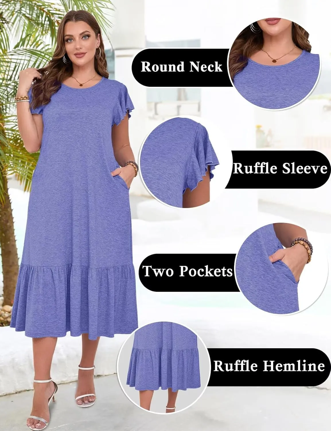 MONNURO Women Summer Causal Ruffle Short Sleeve T Shirt Maxi Beach Long Dress with Pockets