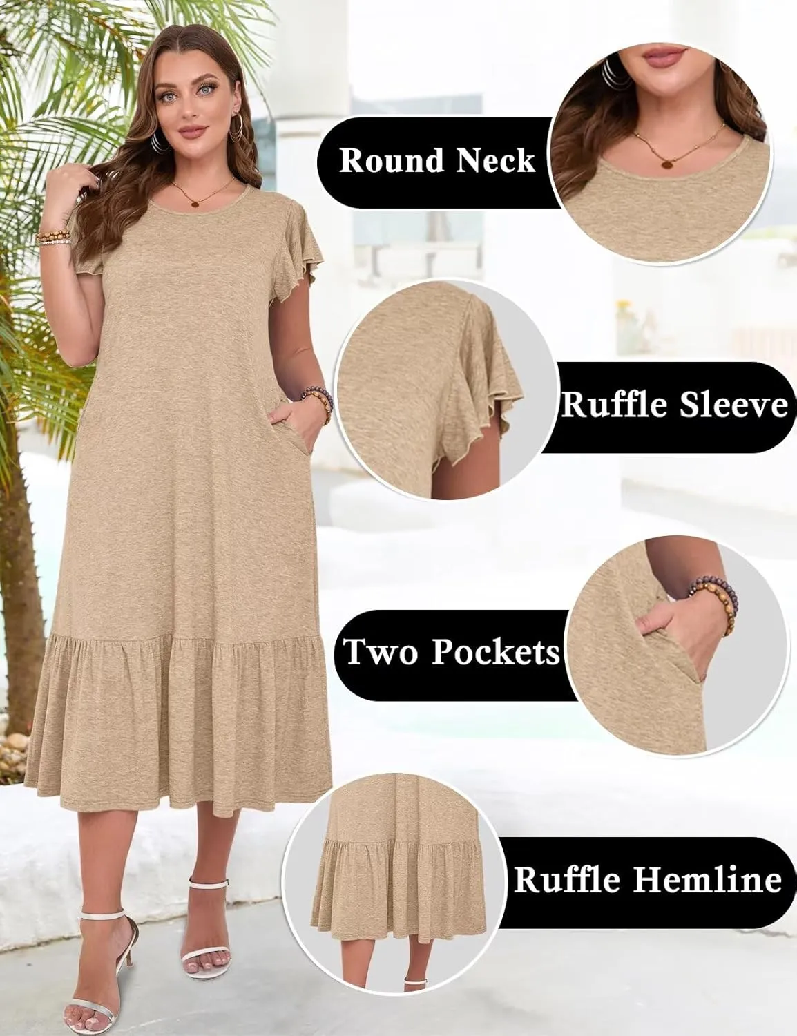MONNURO Women Summer Causal Ruffle Short Sleeve T Shirt Maxi Beach Long Dress with Pockets