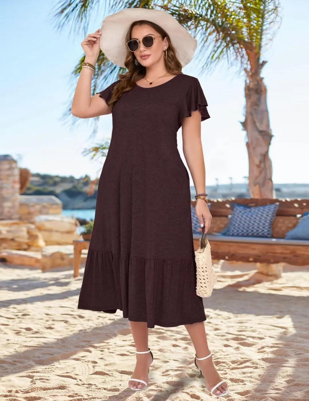 MONNURO Women Summer Causal Ruffle Short Sleeve T Shirt Maxi Beach Long Dress with Pockets