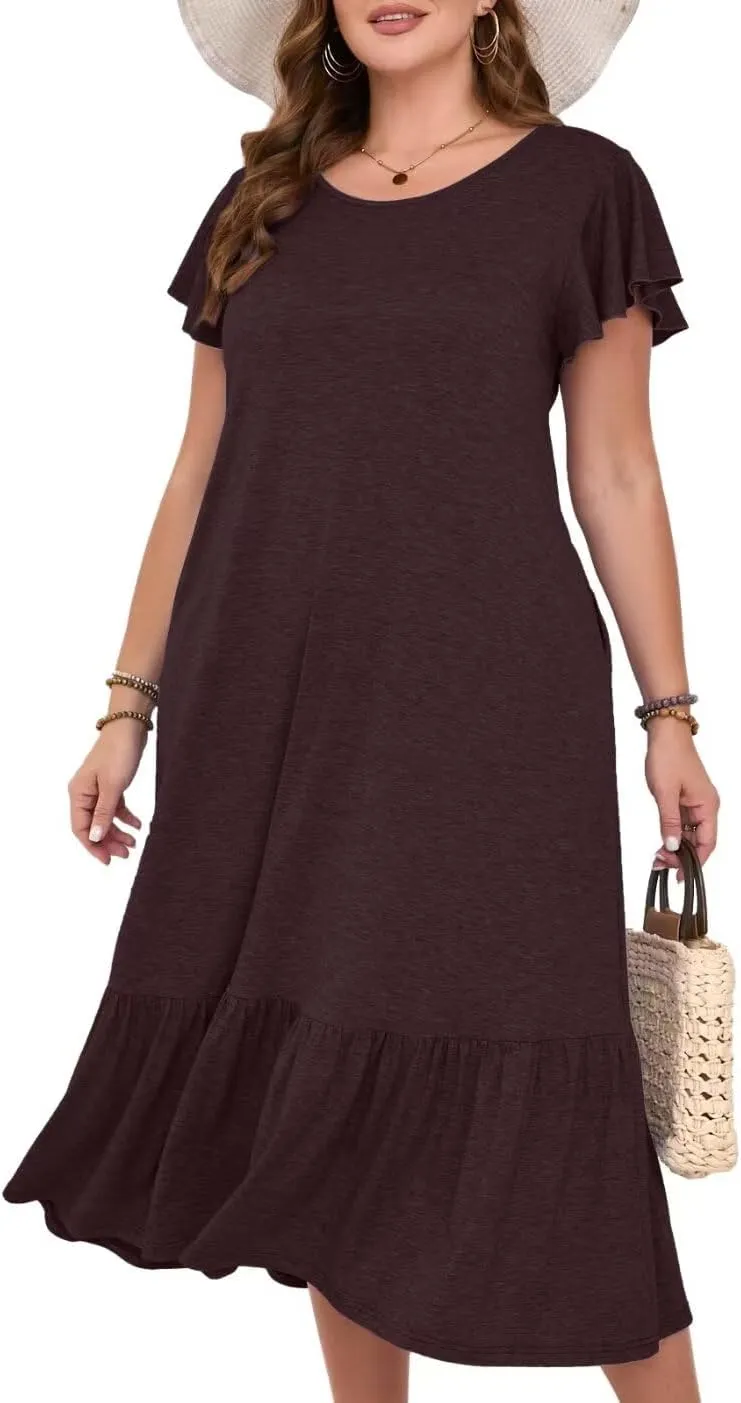 MONNURO Women Summer Causal Ruffle Short Sleeve T Shirt Maxi Beach Long Dress with Pockets