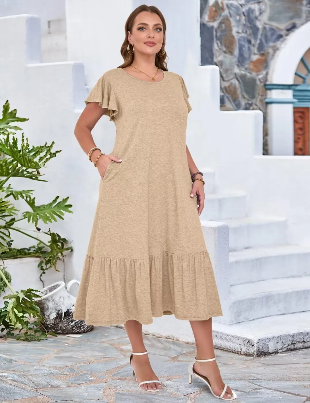 MONNURO Women Summer Causal Ruffle Short Sleeve T Shirt Maxi Beach Long Dress with Pockets