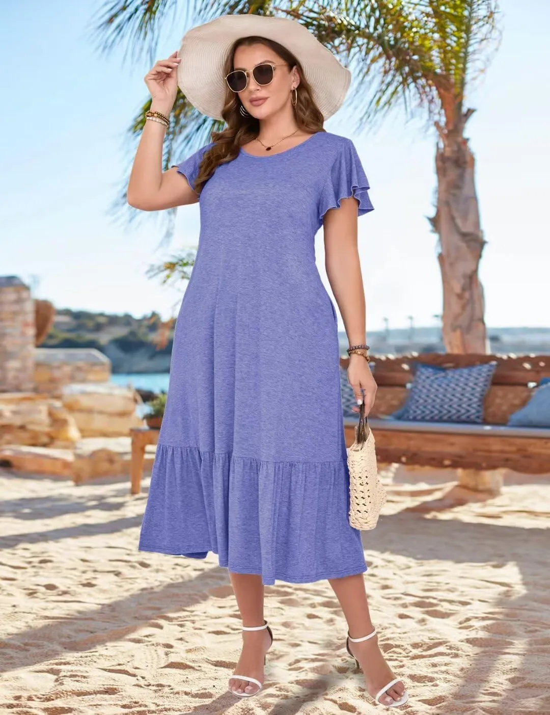 MONNURO Women Summer Causal Ruffle Short Sleeve T Shirt Maxi Beach Long Dress with Pockets
