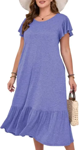 MONNURO Women Summer Causal Ruffle Short Sleeve T Shirt Maxi Beach Long Dress with Pockets