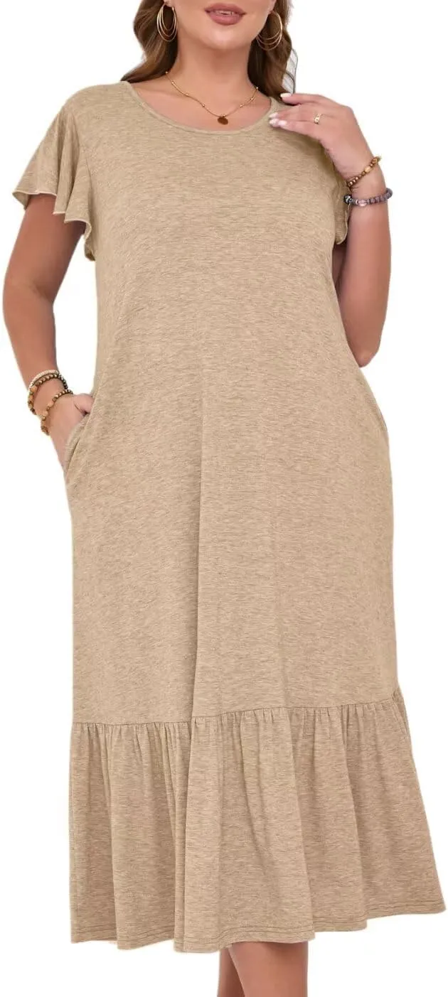 MONNURO Women Summer Causal Ruffle Short Sleeve T Shirt Maxi Beach Long Dress with Pockets