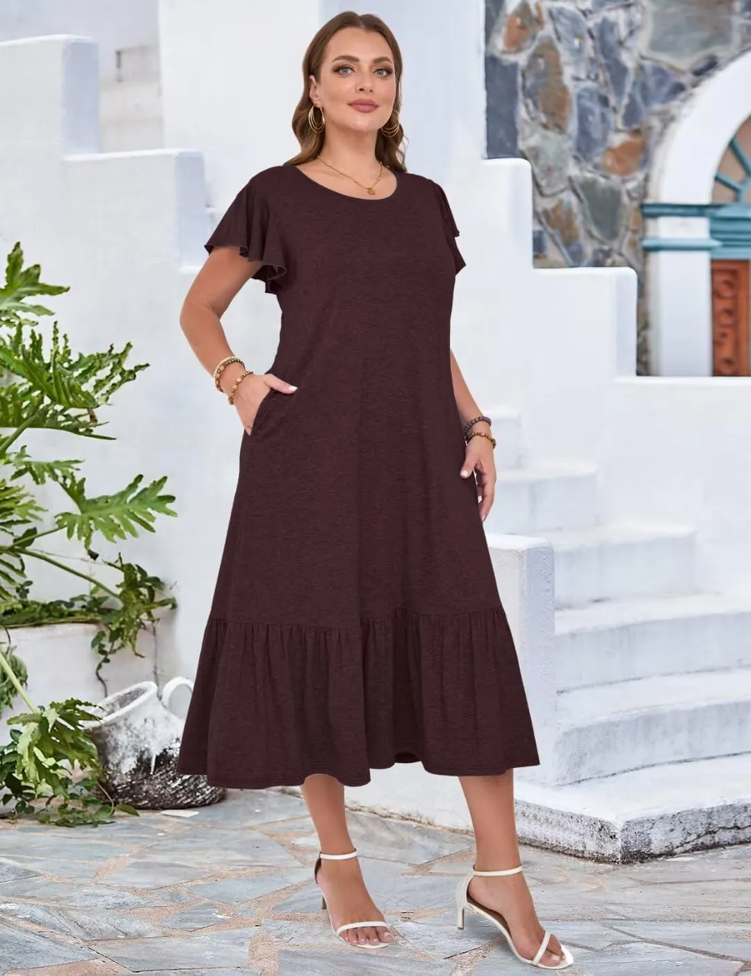 MONNURO Women Summer Causal Ruffle Short Sleeve T Shirt Maxi Beach Long Dress with Pockets