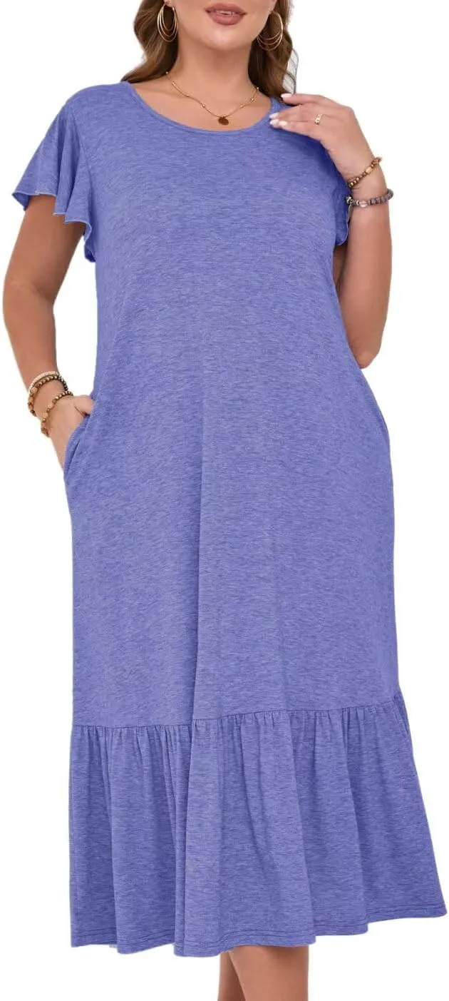 MONNURO Women Summer Causal Ruffle Short Sleeve T Shirt Maxi Beach Long Dress with Pockets