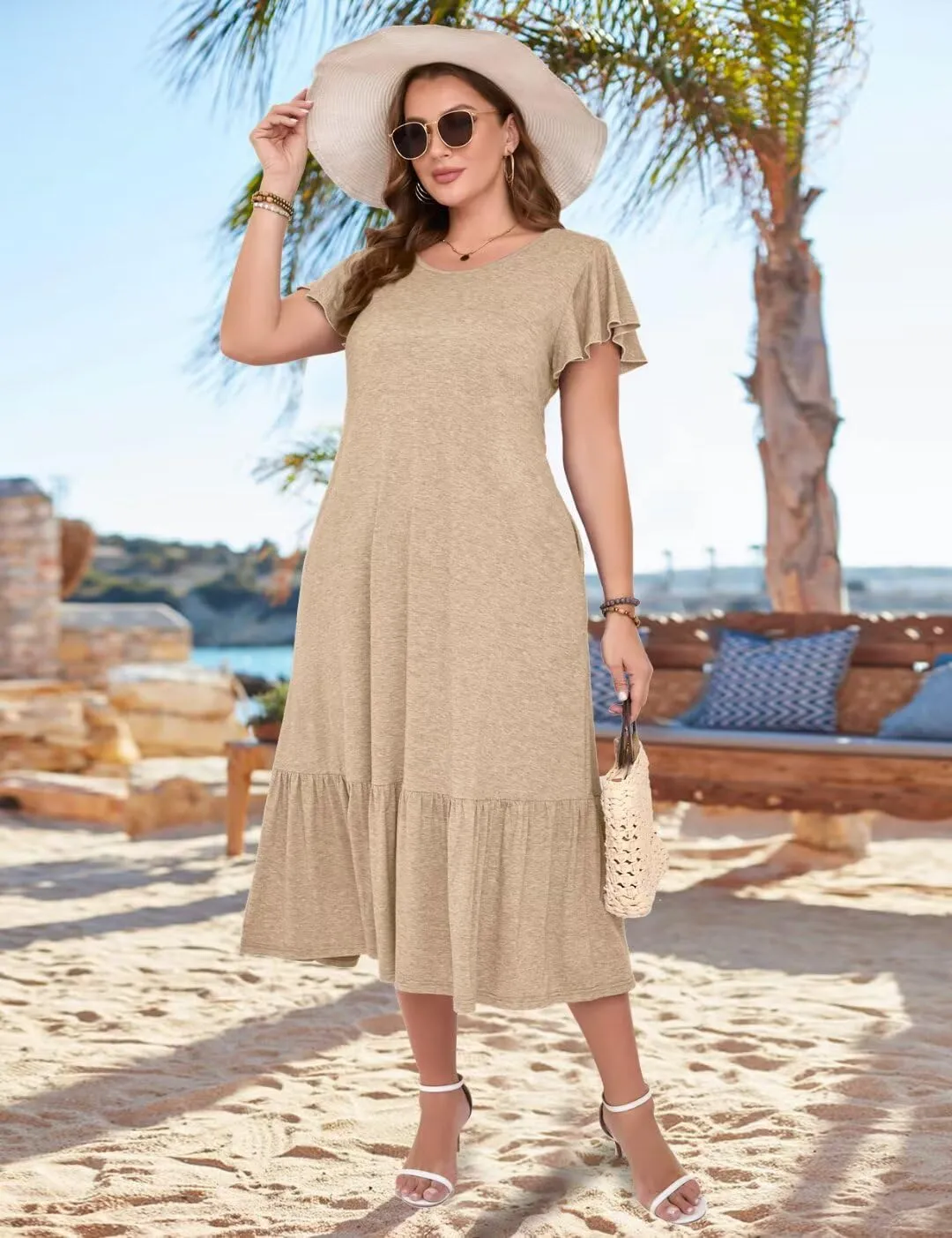 MONNURO Women Summer Causal Ruffle Short Sleeve T Shirt Maxi Beach Long Dress with Pockets