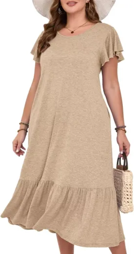 MONNURO Women Summer Causal Ruffle Short Sleeve T Shirt Maxi Beach Long Dress with Pockets