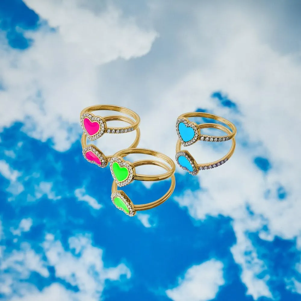 Neon Pink Heart Paved Ring - Yellow Silver