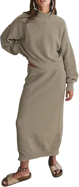 Pink Queen Women's 2 Piece Sweater Set Outfits Long Sleeve Oversized Top Bodycon Maxi Long Skirt Knit Dresses