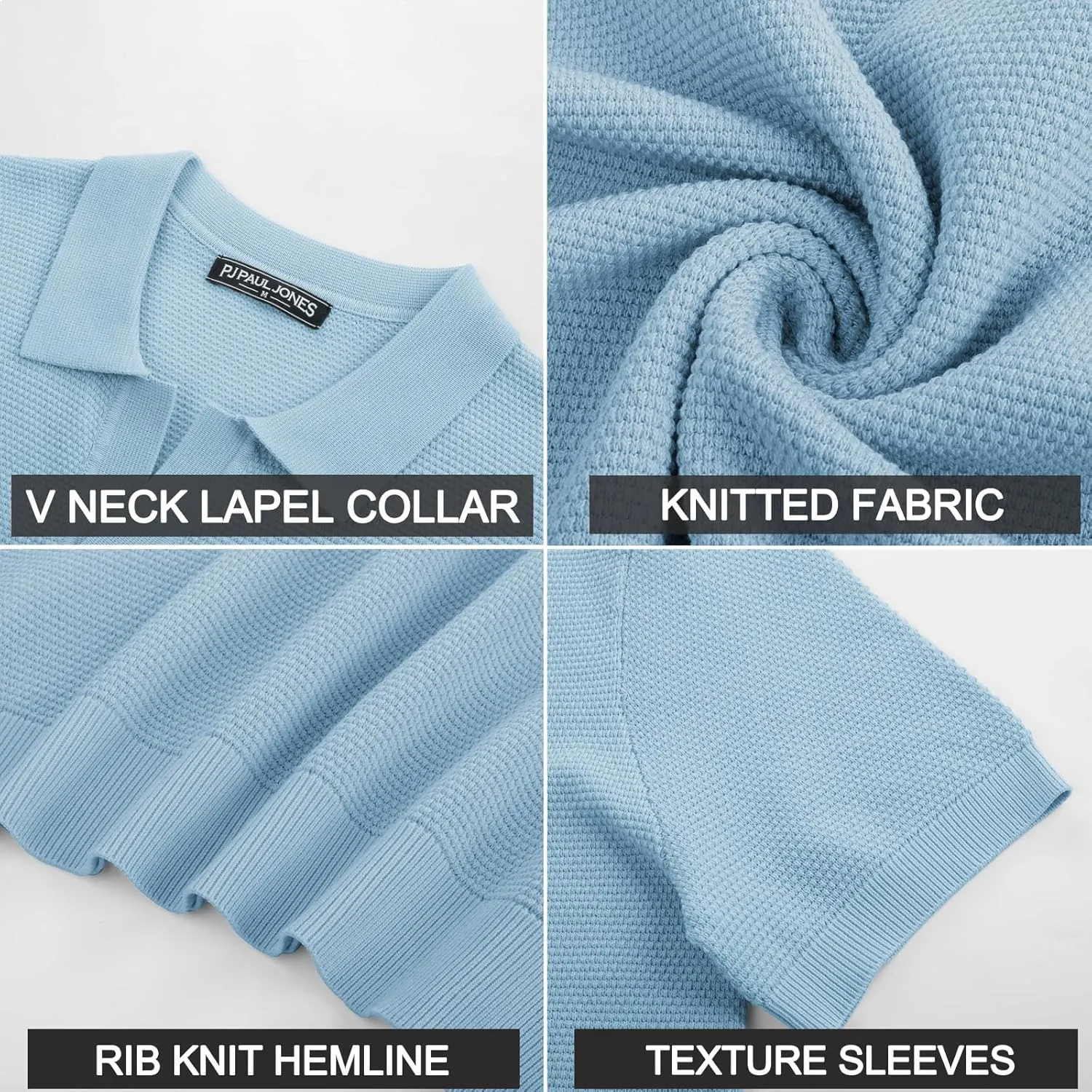 PJ PAUL JONES Mens Polo Shirts Short Sleeve V Neck Knit Textured Polo Knitted Golf Shirt