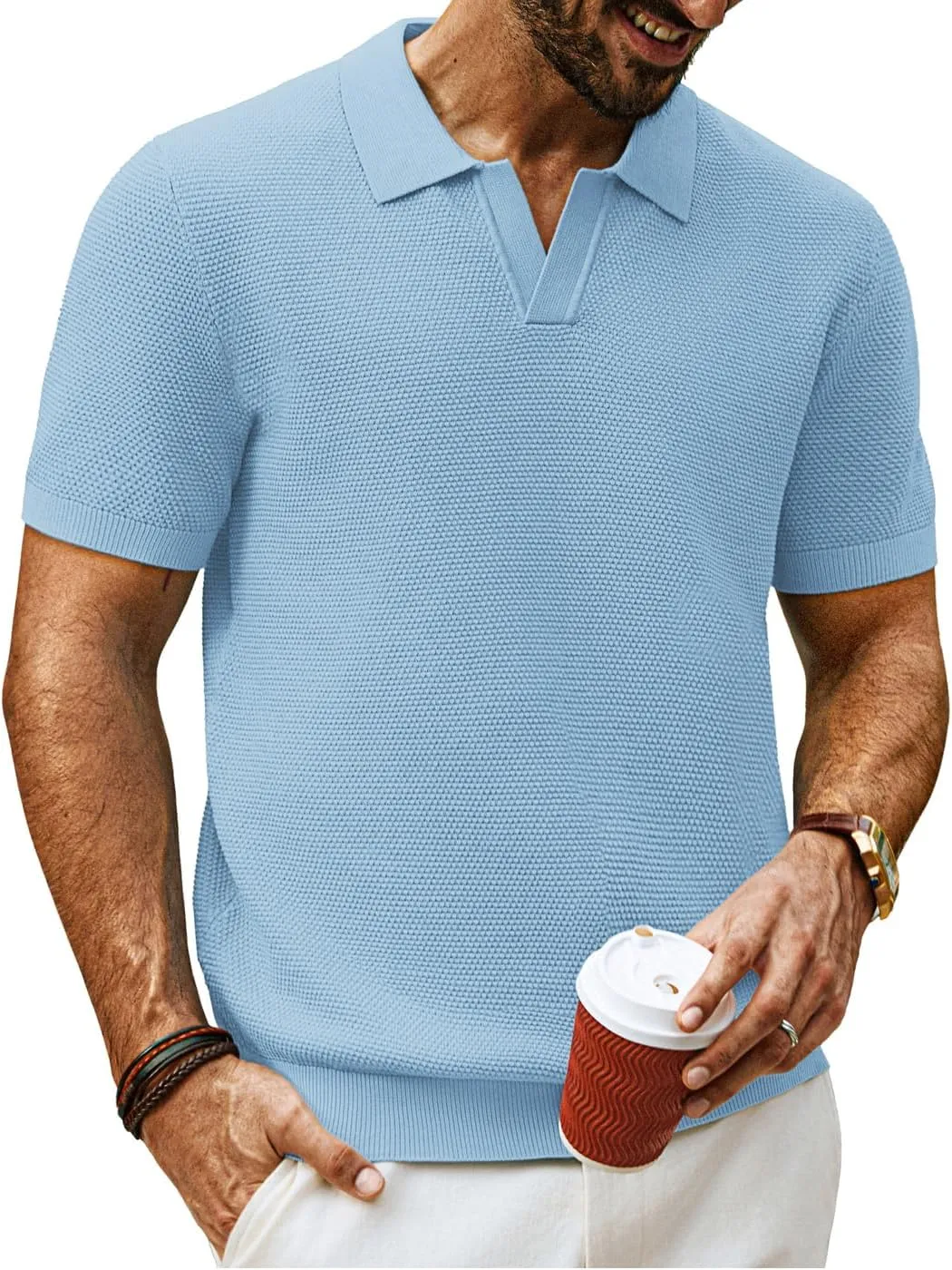 PJ PAUL JONES Mens Polo Shirts Short Sleeve V Neck Knit Textured Polo Knitted Golf Shirt