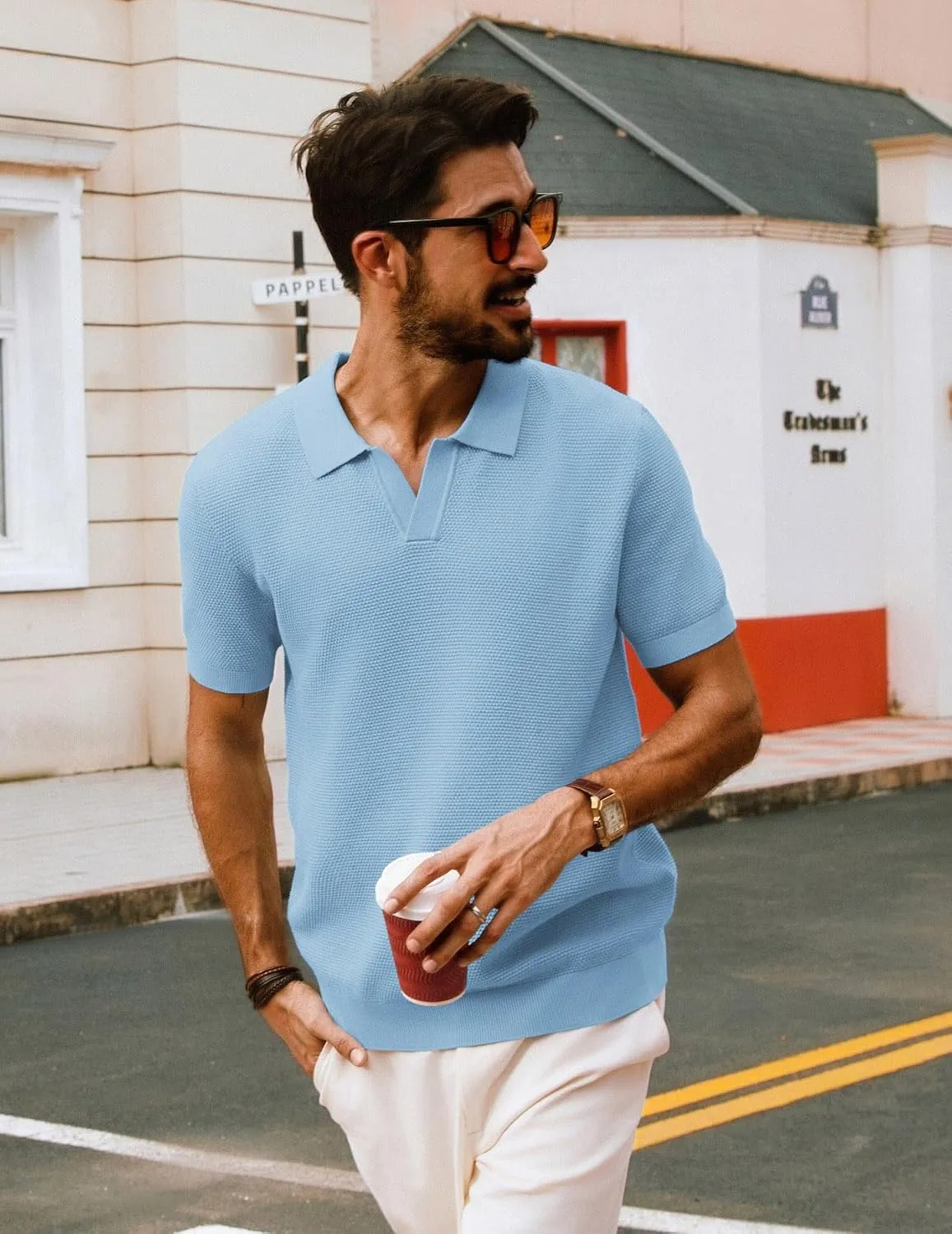 PJ PAUL JONES Mens Polo Shirts Short Sleeve V Neck Knit Textured Polo Knitted Golf Shirt