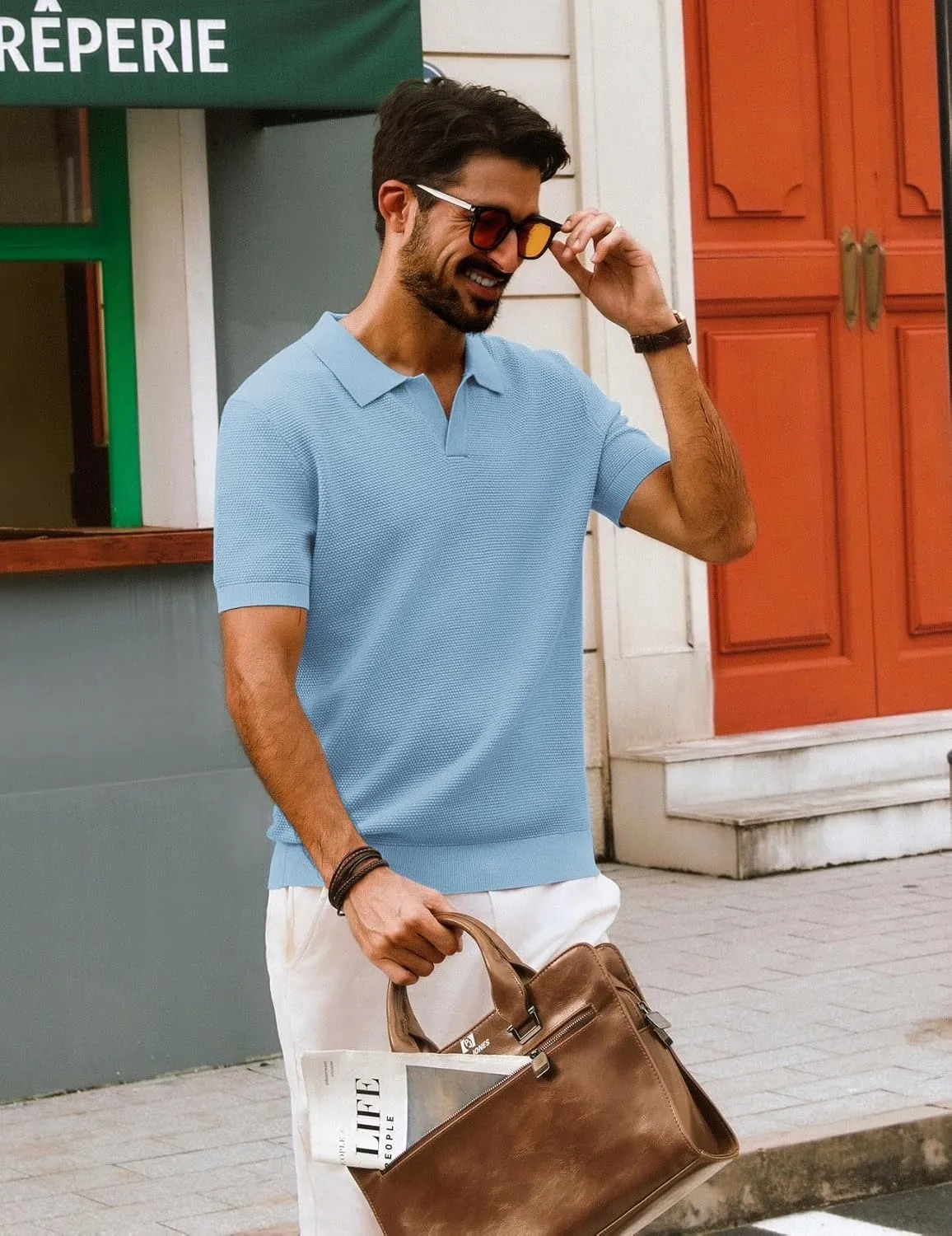 PJ PAUL JONES Mens Polo Shirts Short Sleeve V Neck Knit Textured Polo Knitted Golf Shirt