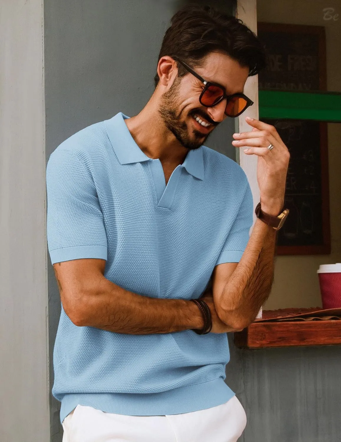 PJ PAUL JONES Mens Polo Shirts Short Sleeve V Neck Knit Textured Polo Knitted Golf Shirt