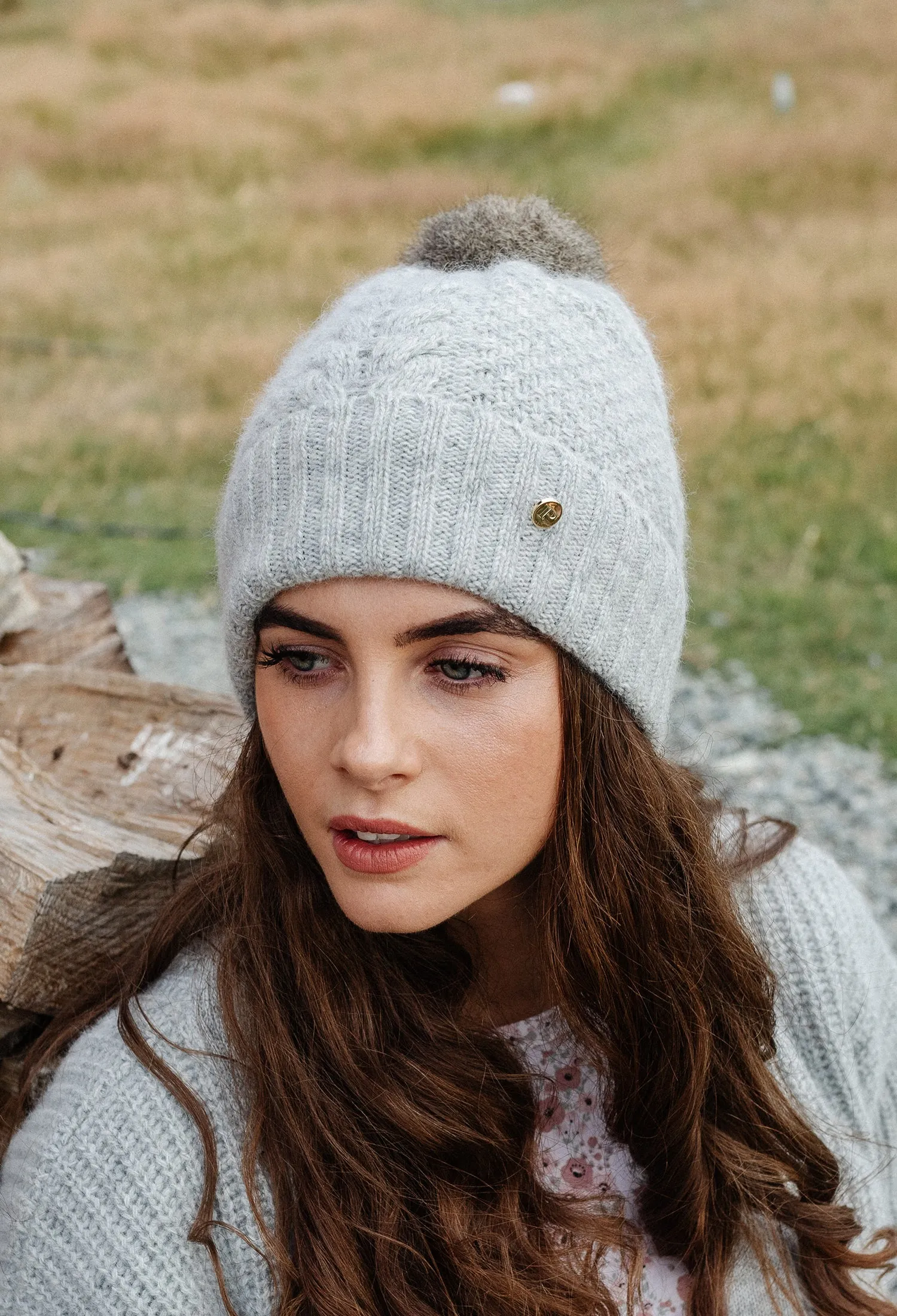 Possum Pom Pom Cable Beanie - Dove Grey