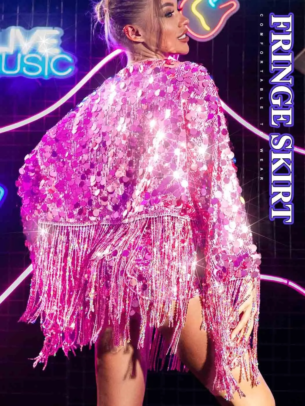 REETAN Pink Rave Outfit Light Up Sequin Jacket for Women