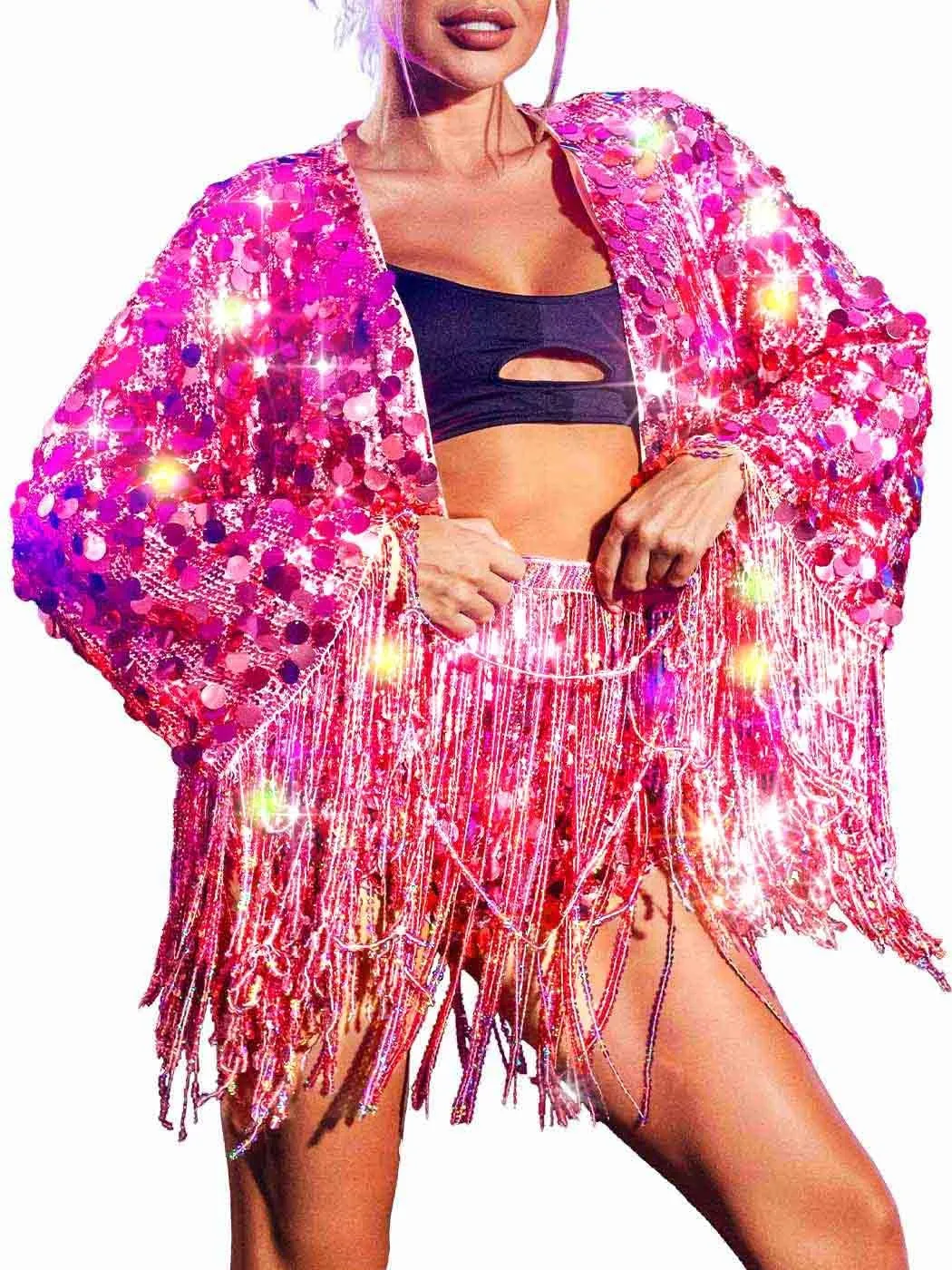 REETAN Pink Rave Outfit Light Up Sequin Jacket for Women