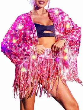 REETAN Pink Rave Outfit Light Up Sequin Jacket for Women