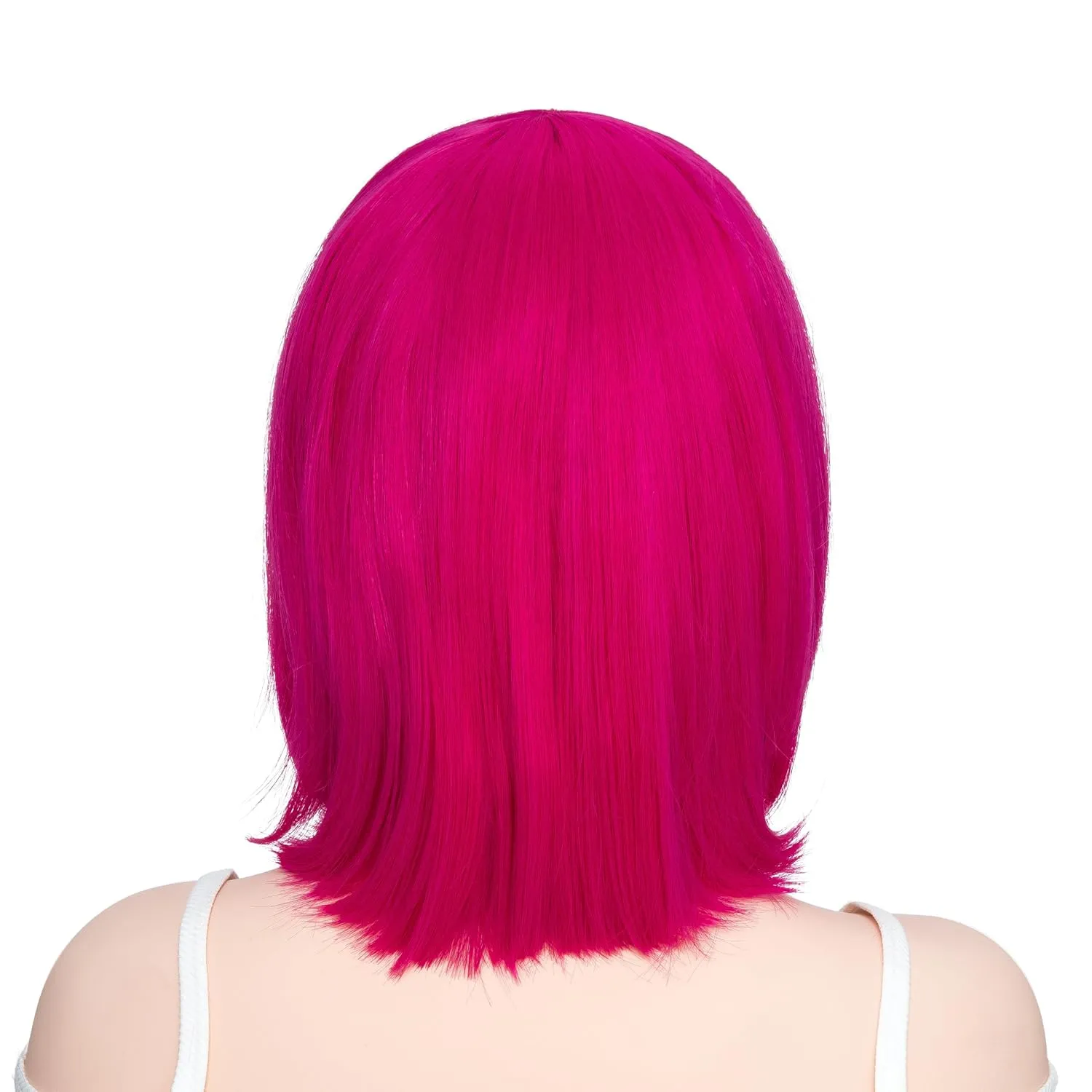 Rose bud Hot Pink Bob Wig with Fringe 12 Inch Short Straight Costume Wigs for Women Cosplay Party Halloween