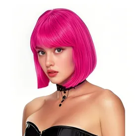Rose bud Hot Pink Bob Wig with Fringe 12 Inch Short Straight Costume Wigs for Women Cosplay Party Halloween