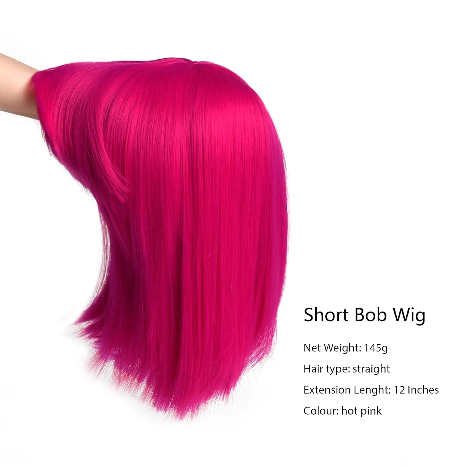Rose bud Hot Pink Bob Wig with Fringe 12 Inch Short Straight Costume Wigs for Women Cosplay Party Halloween